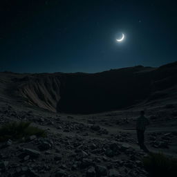 A nighttime scene of a rugged dirt terrain featuring a prominent crater illuminated by the soft glow of a crescent moon