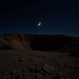 A nighttime scene of a rugged dirt terrain featuring a prominent crater illuminated by the soft glow of a crescent moon