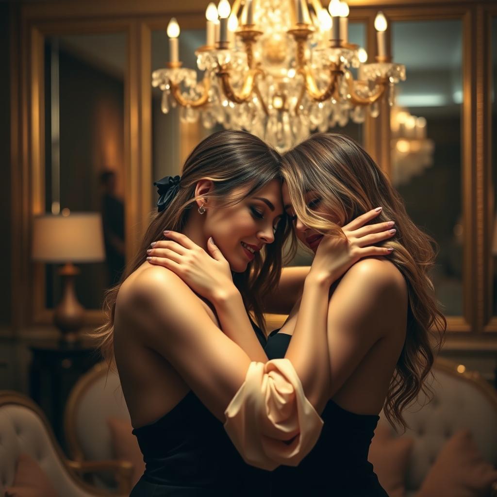 A sensual and intimate moment between two women, showcasing their connection and affection in a luxurious and softly lit environment