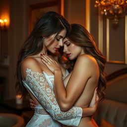 A sensual and intimate moment between two women, showcasing their connection and affection in a luxurious and softly lit environment