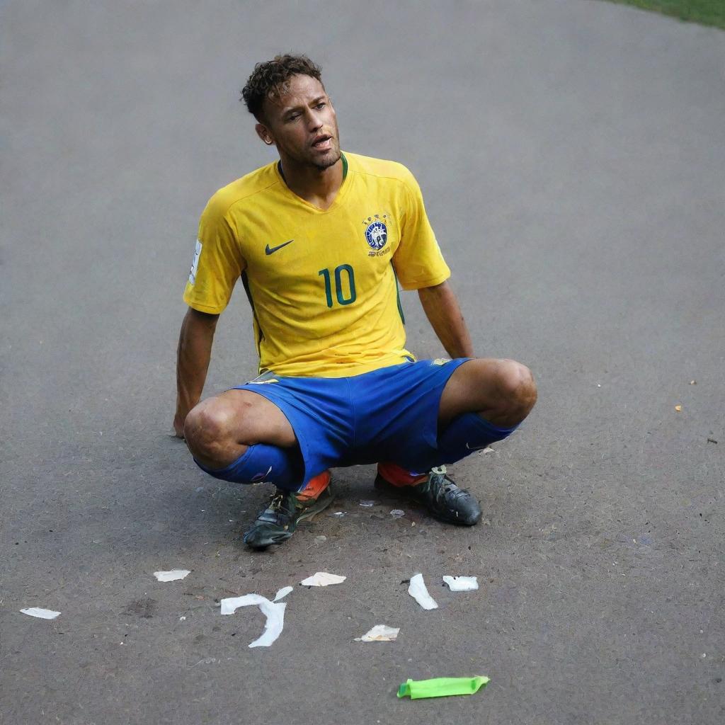 A broken statue of Neymar, the renowned soccer player, with pieces of it scattered on the ground, reflecting a sense of despair and destruction.