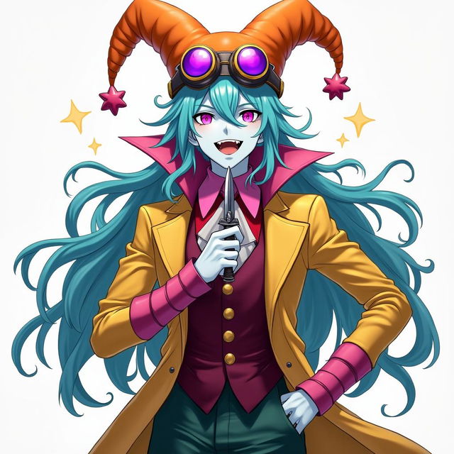 An anime man with light-blue skin and exceptionally long cyan-blue hair, complemented by vibrant magenta eyes