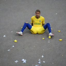 A broken statue of Neymar, the renowned soccer player, with pieces of it scattered on the ground, reflecting a sense of despair and destruction.