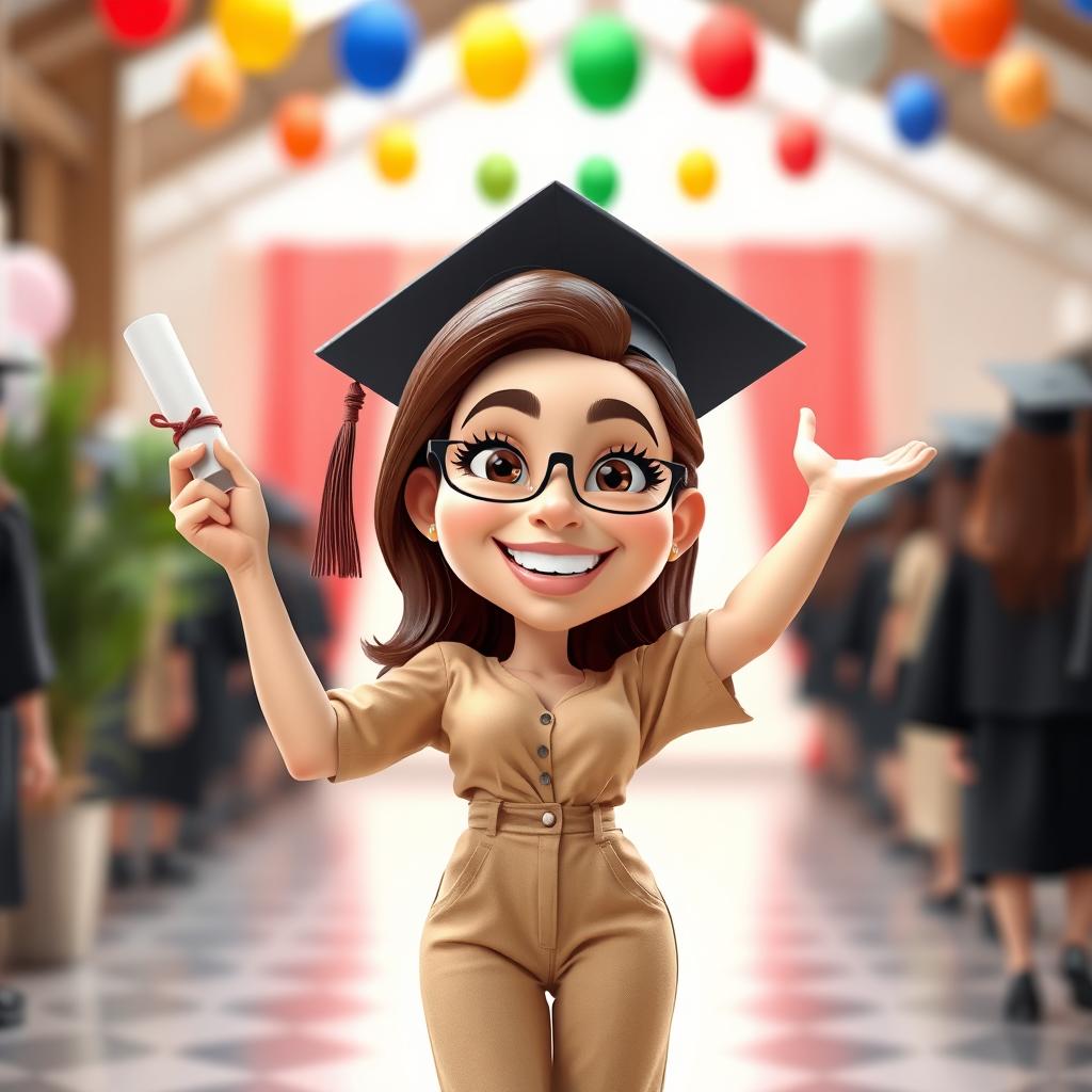 A realistic 3D caricature of a woman celebrating her graduation, striking a joyful pose