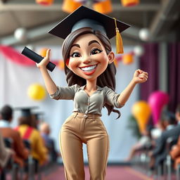 A realistic 3D caricature of a woman celebrating her graduation, striking a joyful pose