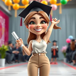 A realistic 3D caricature of a woman celebrating her graduation, striking a joyful pose