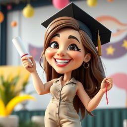 A realistic 3D caricature of a woman celebrating her graduation, striking a joyful pose