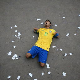 A broken statue of Neymar, the renowned soccer player, with pieces of it scattered on the ground, reflecting a sense of despair and destruction.