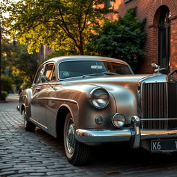 an elegant vintage car parked on a cobblestone street, surrounded by lush greenery and old brick buildings, with a soft sunset glow casting warm light on the scene, showcasing intricate details of the car's chrome and classic design