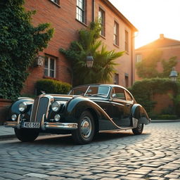 an elegant vintage car parked on a cobblestone street, surrounded by lush greenery and old brick buildings, with a soft sunset glow casting warm light on the scene, showcasing intricate details of the car's chrome and classic design