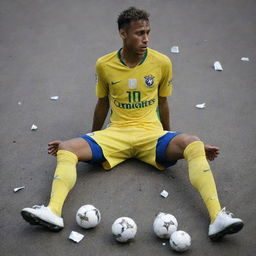 A broken statue of Neymar, the renowned soccer player, with pieces of it scattered on the ground, reflecting a sense of despair and destruction.