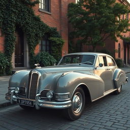 an elegant vintage car parked on a cobblestone street, surrounded by lush greenery and old brick buildings, with a soft sunset glow casting warm light on the scene, showcasing intricate details of the car's chrome and classic design