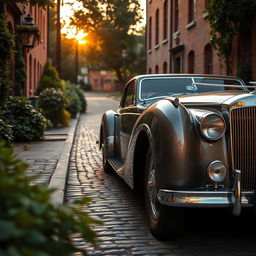 an elegant vintage car parked on a cobblestone street, surrounded by lush greenery and old brick buildings, with a soft sunset glow casting warm light on the scene, showcasing intricate details of the car's chrome and classic design