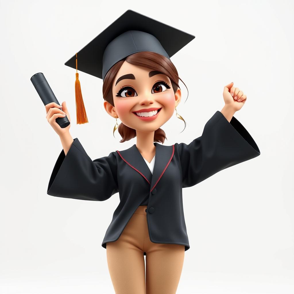 A realistic 3D caricature of a woman celebrating her graduation, posing joyfully in a graduation robe, complemented by khaki pants