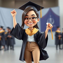 A realistic 3D caricature of a woman celebrating her graduation, posing joyfully in a graduation robe, complemented by khaki pants