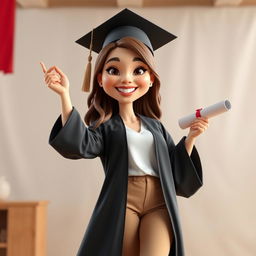 A realistic 3D caricature of a woman celebrating her graduation, posing joyfully in a graduation robe, complemented by khaki pants