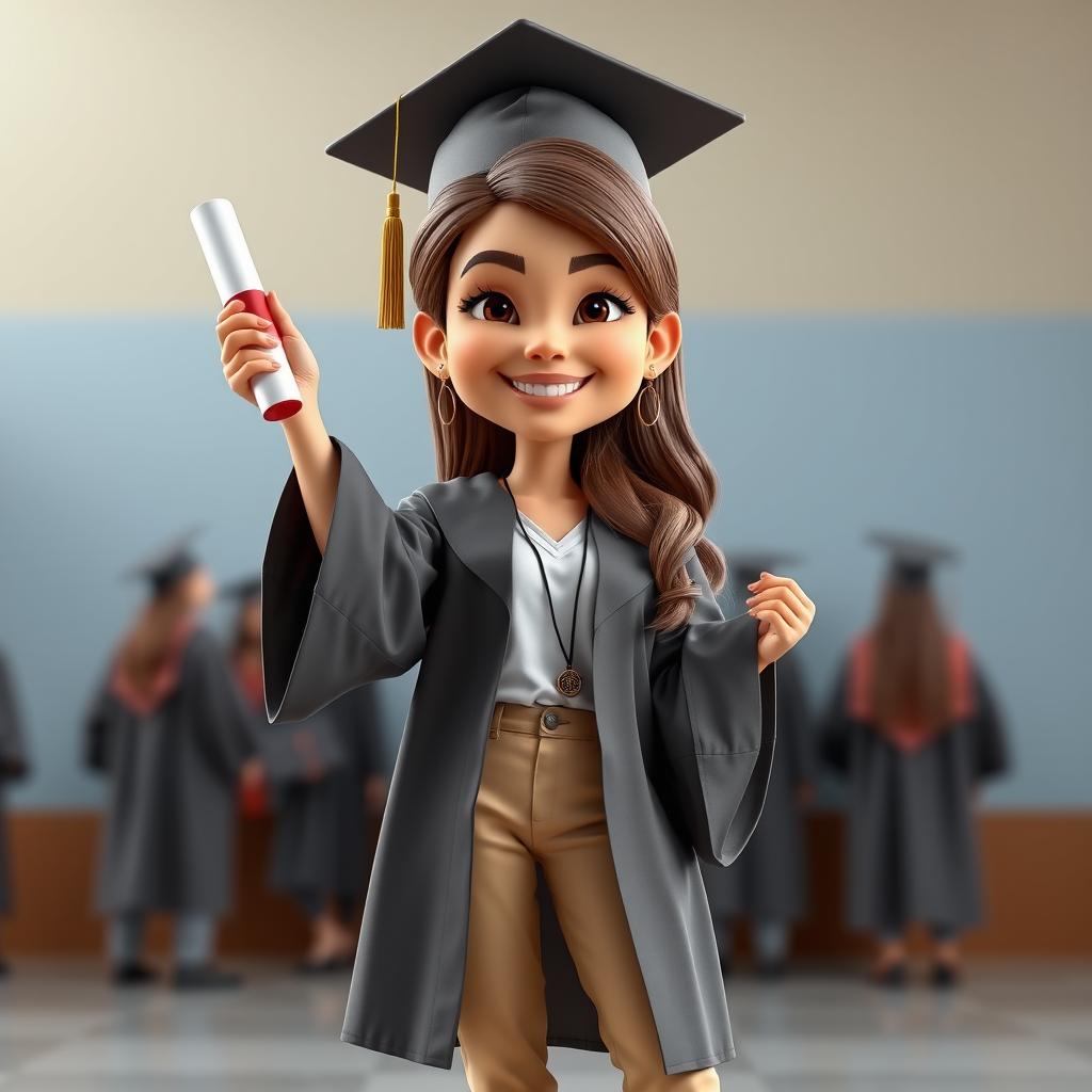 A realistic 3D caricature of a woman celebrating her graduation, posing joyfully in a graduation robe, complemented by khaki pants