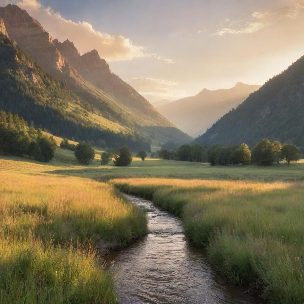 Generate a beautiful image of a serene, peaceful mountain valley bathed in the soft, warm colors of a setting sun.