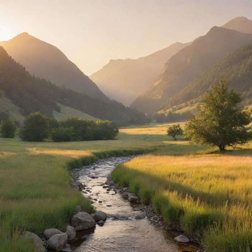 Generate a beautiful image of a serene, peaceful mountain valley bathed in the soft, warm colors of a setting sun.