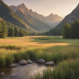 Generate a beautiful image of a serene, peaceful mountain valley bathed in the soft, warm colors of a setting sun.