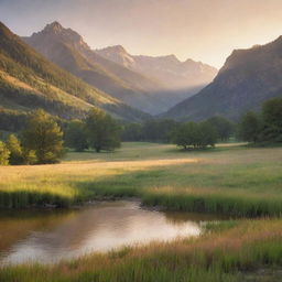 Generate a beautiful image of a serene, peaceful mountain valley bathed in the soft, warm colors of a setting sun.