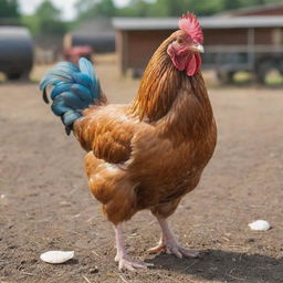 A pristine, high-quality chicken, larger in size with vibrant feathers, surrounded by premium farming equipment, signifying a value of $100.