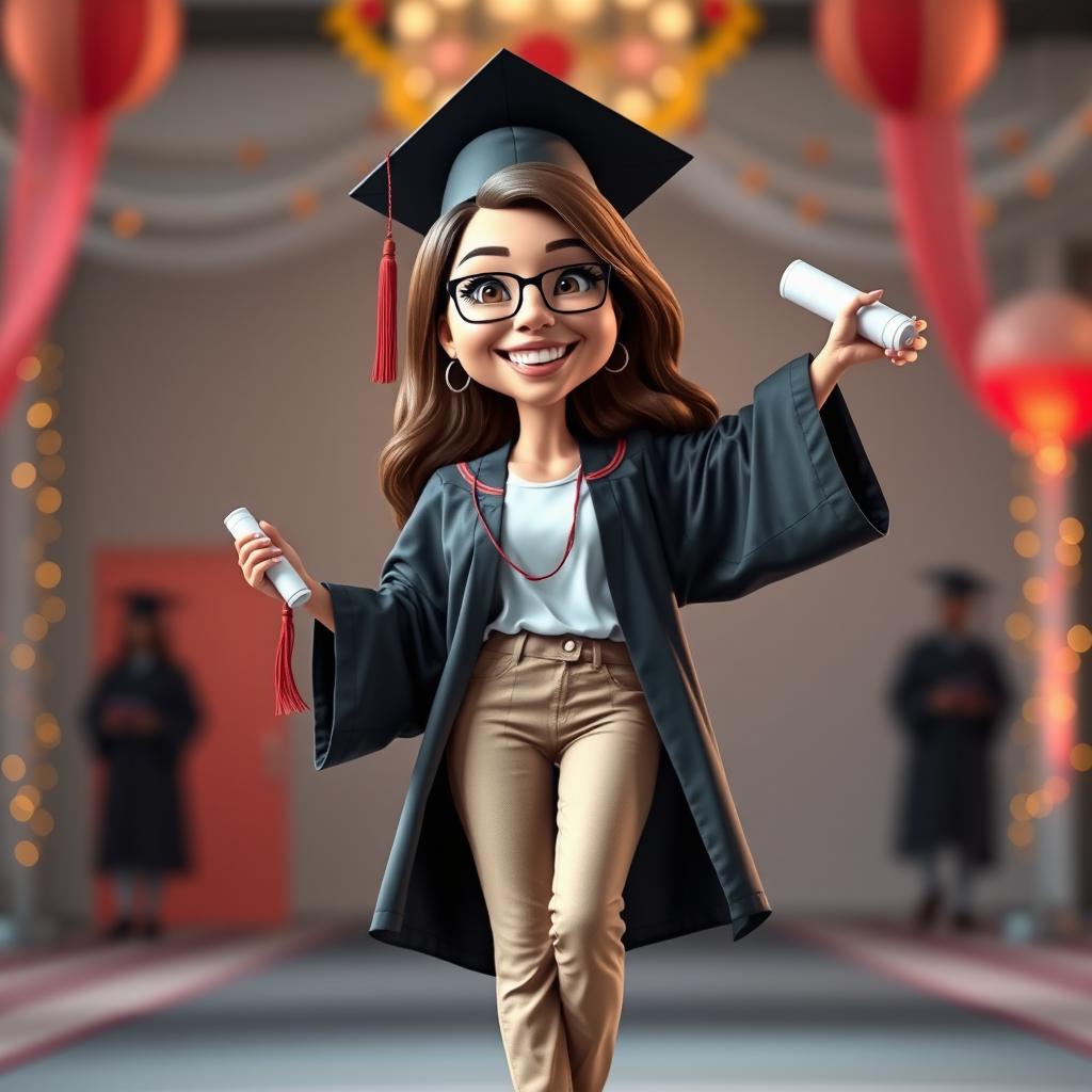 A realistic 3D caricature of a woman proudly graduating, depicted in a full-body shot