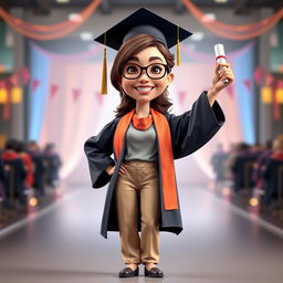 A realistic 3D caricature of a woman proudly graduating, depicted in a full-body shot