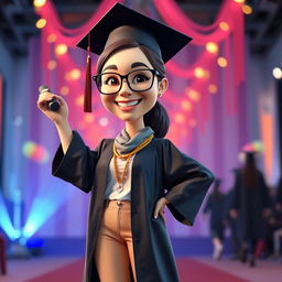 A realistic 3D caricature of a woman proudly graduating, depicted in a full-body shot