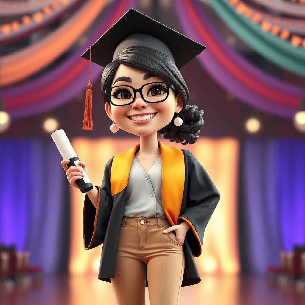 A realistic 3D caricature of a woman proudly graduating, depicted in a full-body shot