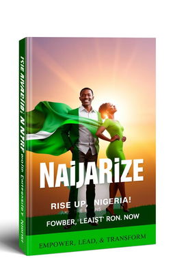 A bold and inspiring book cover design for "NaijaRize: Rise Up, Nigeria! Take the Reins of Leadership Now"