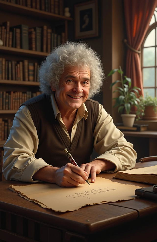 A hyper realistic image of Ian Holm portraying Bilbo Baggins, featuring curly white hair and no facial hair