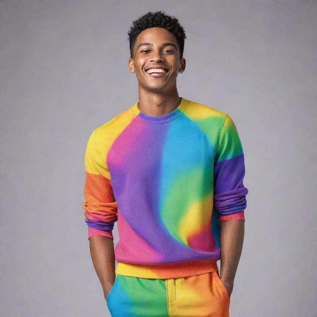 Generate an image of a young male character, in a radiant, rainbow-colored outfit, expressing happiness with a bright smile and confident pose.