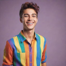 Generate an image of a young male character, in a radiant, rainbow-colored outfit, expressing happiness with a bright smile and confident pose.