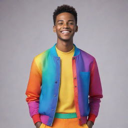 Generate an image of a young male character, in a radiant, rainbow-colored outfit, expressing happiness with a bright smile and confident pose.