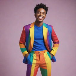 Generate an image of a young male character, in a radiant, rainbow-colored outfit, expressing happiness with a bright smile and confident pose.