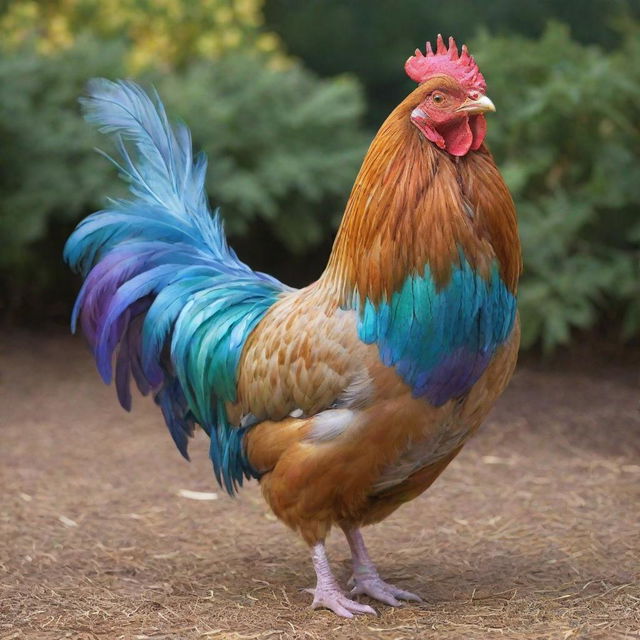 An extraordinarily unique chicken boasting iridescent shimmering feathers, nestling on a gold-laden coop, exuding a sense of grandeur and exclusivity - worthy of a $1,000,000 price tag.