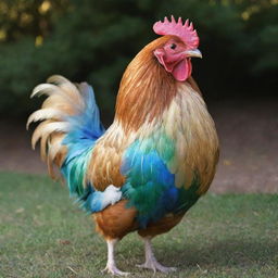 An extraordinarily unique chicken boasting iridescent shimmering feathers, nestling on a gold-laden coop, exuding a sense of grandeur and exclusivity - worthy of a $1,000,000 price tag.