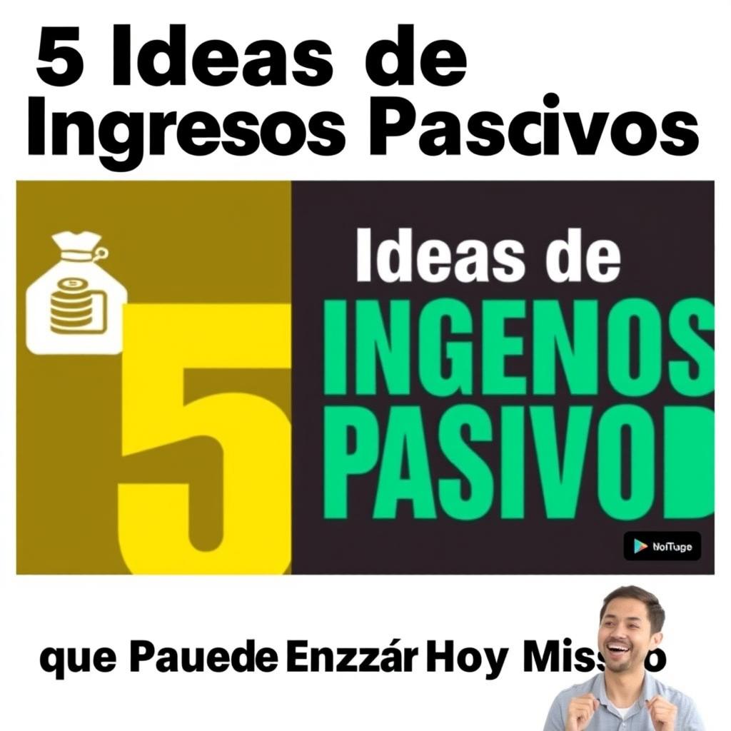 A vibrant and eye-catching YouTube thumbnail for a video titled '5 Ideas de Ingresos Pasivos que Puedes Empezar Hoy Mismo'