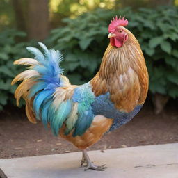 An extraordinarily unique chicken boasting iridescent shimmering feathers, nestling on a gold-laden coop, exuding a sense of grandeur and exclusivity - worthy of a $1,000,000 price tag.