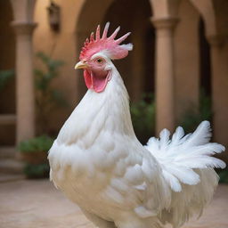 A beyond comparison, ethereal chicken with opalescent feathers, glistening eyes, standing amid luxurious surroundings, radiating an aura of priceless value.