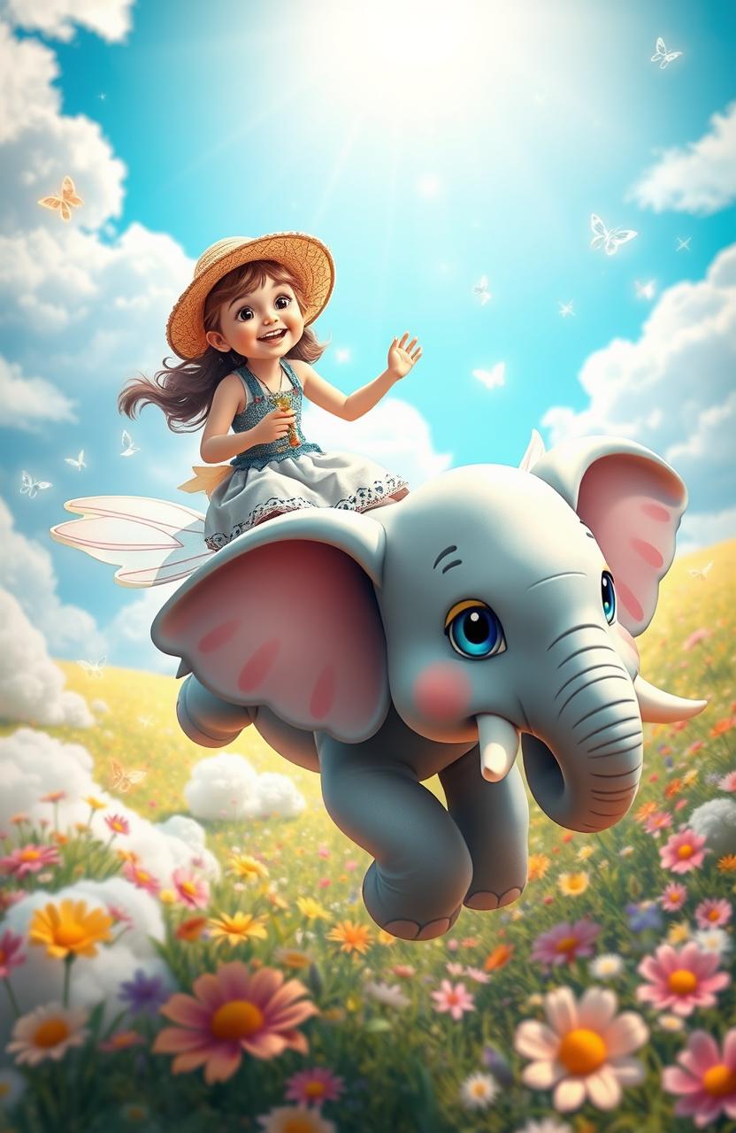 A whimsical adventure featuring a young girl joyfully riding on the back of a cute flying elephant