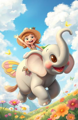 A whimsical adventure featuring a young girl joyfully riding on the back of a cute flying elephant