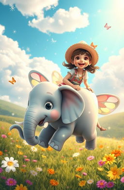 A whimsical adventure featuring a young girl joyfully riding on the back of a cute flying elephant