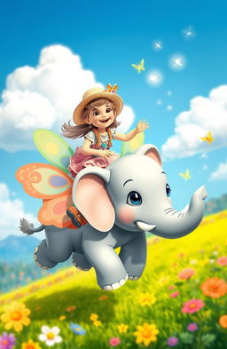 A whimsical adventure featuring a young girl joyfully riding on the back of a cute flying elephant