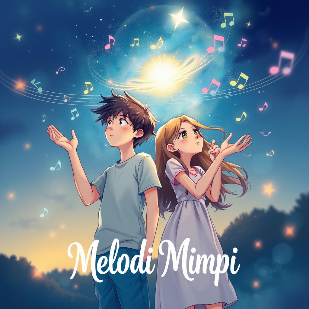 A dreamy book cover illustration featuring a teenage boy and girl standing side by side, both reaching out with their open palms upwards towards a distant twinkling star in a night sky