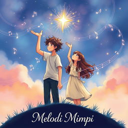 A dreamy book cover illustration featuring a teenage boy and girl standing side by side, both reaching out with their open palms upwards towards a distant twinkling star in a night sky