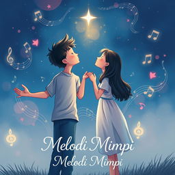 A dreamy book cover illustration featuring a teenage boy and girl standing side by side, both reaching out with their open palms upwards towards a distant twinkling star in a night sky