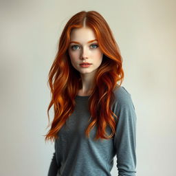 A full-body portrait of an 18-year-old woman with fair skin, striking red hair, and vibrant green eyes