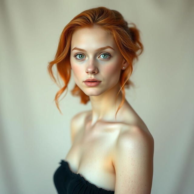 A full-body portrait of an 18-year-old woman with fair skin, striking red hair, and vibrant green eyes